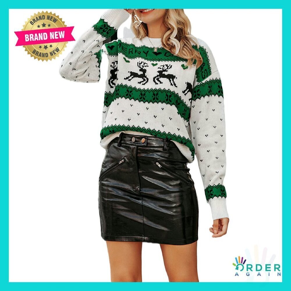 Cute Reindeer Christmas Sweater Long Sleeve Knit Pullover Ugly Holiday